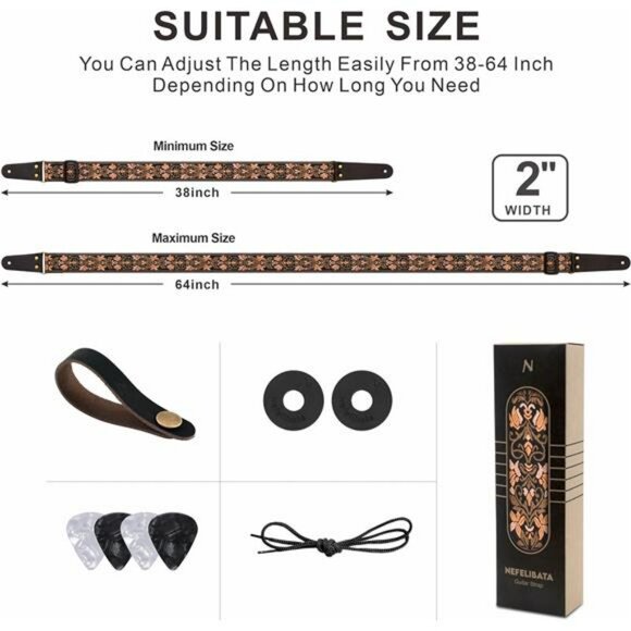 Embroidered Guitar Strap Adjustable with Leather Ends Picks Locks Included - Picture 5 of 7